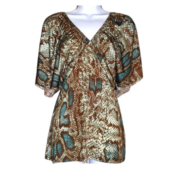 Womens Snake Print V Neck Blouse Size Medium Short Sleeve Shimmery Top - Picture 1 of 8